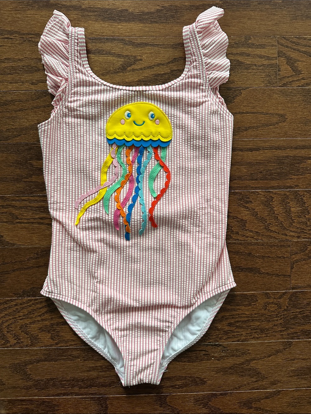 Mini Boden Girls Swimsuit - seersucker pink with jellyfish appliqué 8-9Y